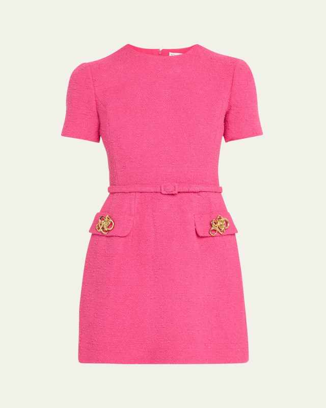 Short-Sleeve Rose-Button Tweed Mini Day Dress With Belt